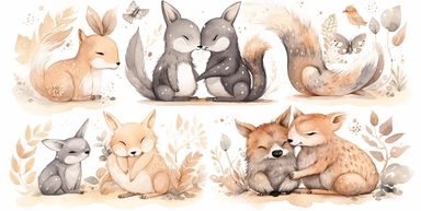 clipart set, transparent background, multiple cute animals kissing each other, card art, cheeryblossom, holiday vibe, a painting of two people, an anthropomorphic, bittersweet, taupe, ? ? ?