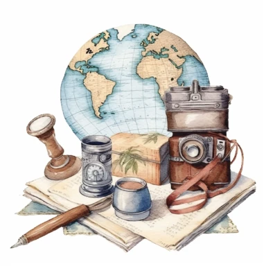 watercolour, travel theme, map, journal, soft and muted nuances, high quality detail, clipart, 8k, f1