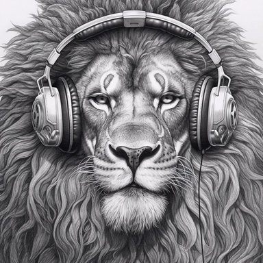 a lion wearing sunglasses and headphones, black and white,clipart, super detailed