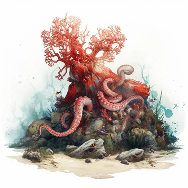ruby illustration of a double exposure octopus & coral reef drawn with stones, clipart