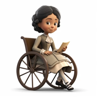 cute 3d cute little girl historian clipart, various ethnicities, in early modern historical era wheelchair, full body, on white background