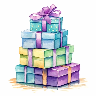 presents clipart, watercolor, purple, green, yellow and light blue