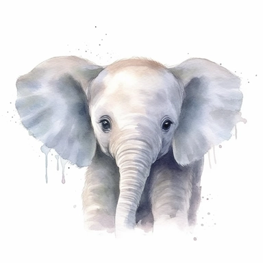 A delightful and charming watercolor clipart of an adorable baby elephant, designed for commercial use. This heartwarming composition captures the innocent charm of the African Safari Zoo animal, set against a crisp white background that accentuates its delicate watercolor textures and playful features. The baby elephant, with its gentle eyes and playful trunk, is skillfully painted in a soothing palette of grays and pastels, encapsulating the essence of nursery-themed art. The clipart emphasize
