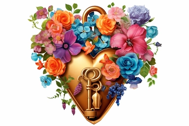 heart shaped locket with key and vibrant colorful flowers clipart
