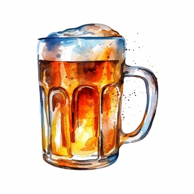 one cup of beer clipart on a white background, in the style of Watercolor illustrations, light azure and dark amber, light amber and silver, light gold and light amber, luminous 3d objects , no watermark, text, 300 DPI , typography, shapes do not stick together, no text in the picture, on a white background