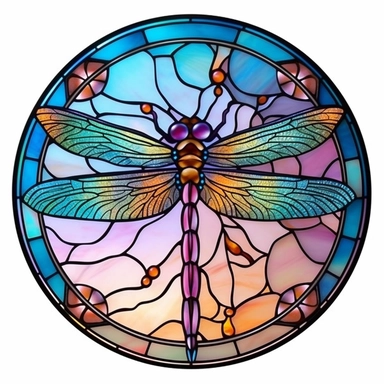 Vintage Cute Beautiful Colorful Round Faux Stained Glass Dragonfly Sublimation Clipart,Cartoon,hyper realistic, intricate detail, illustration style,high solution,on the white background