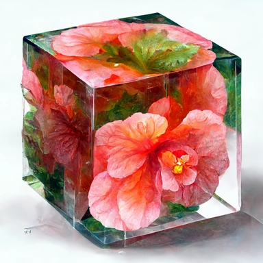 clipart watercolor begonia flowers inside epoxy rasin cube. cube has sharp edges. vibrant color