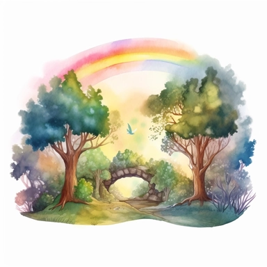 a watercolor of a forrest scenery with rainbow, realistic fantasy Style, vector free clipart illustration, in the style of unreal engine 5, 32k uhd, detailed features, white background