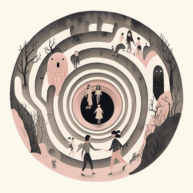 in the style of Ryo Takemasa, xuan loc xuan, Lisa Audit, Anastasia Suvorova, Jon Klassen, greg tocchini, separated isolated single of tunnel gateway leading into a maze of time loop in grey black pink, white background, anemoia, spooky, intricate, urbancore, cozy, vector, clipart, elaborate, hypnotized, limpid, well composed, vibrant color tone, trending on artstation, elaborate, cinematic lighting, vibrant colors, high definition