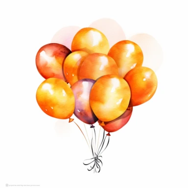 one vibrant party balloon clipart, white background, orange colour tones, watercolour style