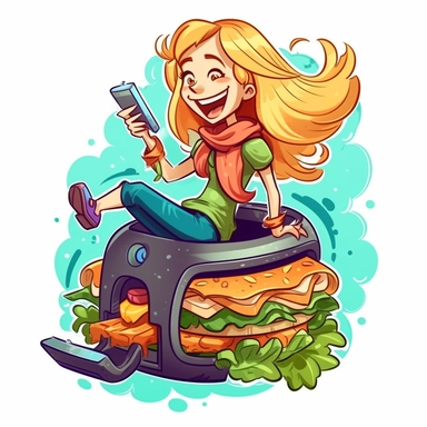 Happy long-haired blond woman riding a vegetable sandwich on air fryer. Colorful, Cartoon, Funny, Friendly, 2D, Clipart, Detailed, High Fidelity