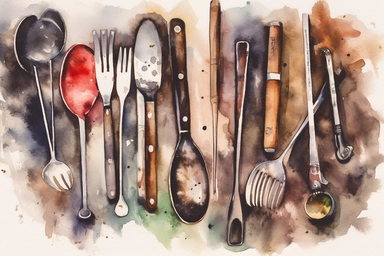 Watercolor painted cooking utensils clipart , .highly detailed, + cinematic shot + photo taken by sony + incredibly detailed, sharpen details + highly realistic + professional photography lighting + lightroom + behance photography unsplash