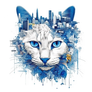 city cat, Blue eyes, collage quirky cool collage, Felis catus clipart, white contour detailed, clean line, hd, on white background, spaced out