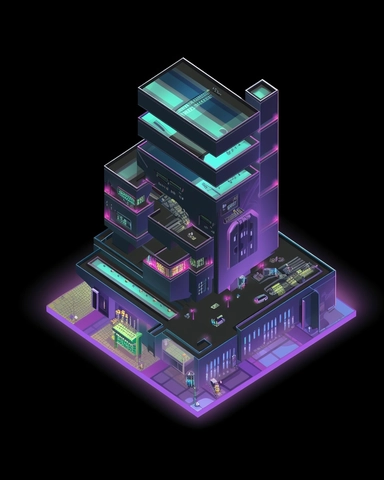 isometric clean pixel art image, game sprite, futuristic random public building concept, gaming asset, sci-fi, fun, creative, cartoon, clipart, hyper-detailed, black background,