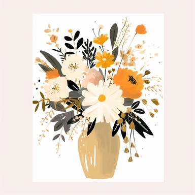 Mid Century Modern Art, Neutral Modern Art, Boho Art of a flower arrangement with Snow in Summer flowers in a vase, Clipart, massive flowers splash, LUSH, flowers splash, full Illustration, ((white background))