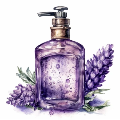 DESIGN A MAGNIFICENT AND EXQUISITE BREATHTAKING ONE-OF-A-KIND HIGH QUALITY HIGHLY DETAILED MASTERPIECE WATERCOLOR CLIPART ILLUSTRATION OF AN OLD FASHION VINTAGE LOTION PUMP DISPENCER FULL OF LAVENDER SCENTED LOTION