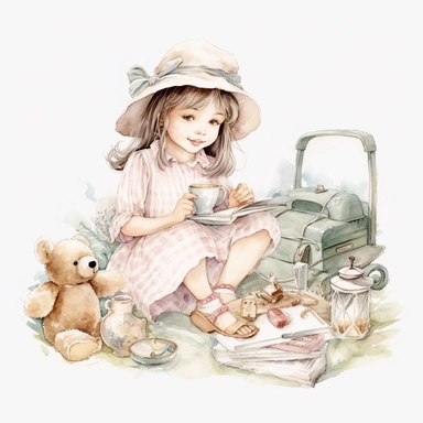 watercolor, hyper realistic, white background, white margins, 16k, ultra detailed clipart, cut out image, hand-drawn, whimsical a vintage child (40s) sitting on a vintage picnic blanket, enjoying a tea party with stuffed animals and a doll. Soft and muted tones, such as dusty rose, sage green, and pale yellow. Ultra HD, sharp line