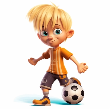 a 7 year old blond boy as a soccer star with long fringe hairstyle and short sides as a soccer star, full body, comic style clipart like paw patrol