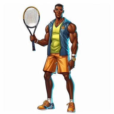 full body clipart dark skinned extremely handsome muscular black man in with head band tennis outfit with tennis racket