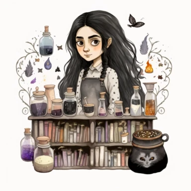 Beautiful alchemist girl, symmetrical eyes, black long hair, cat, shelves of old books, brazier, metal pots, jars of potions, jars of herbs, decorated with stars, children illustration, watercolor image, hannah dale style, watercolor, white background, clipart,high quality, 8k, witchy girl