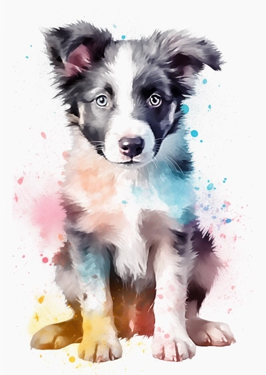 watercolor clipart, a cute puppy Border Collie, full body, Pastel, luminous, glowy, illustration, simple, pencil drawn, vivid colors, by amy sol and magali villeneuve and susan bourdet and ross tran, intricate, illustration, 8k, png, isolated on white background