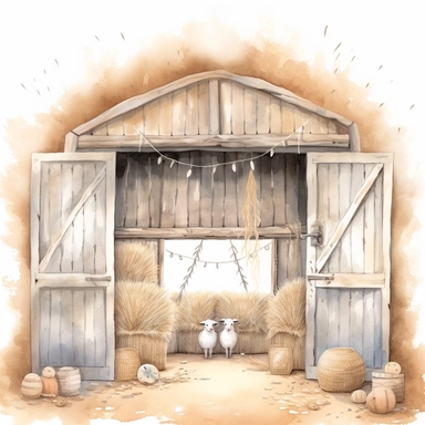 A watercolor painting inside a cute old open barn with hay and straw the doors are open in Bethlehem, Christmas, cute detailed digital art, inspired by nicoletta ceccoli, by Kubisi art, whimsical and cute, by nicoletta ceccoli, cute detailed artwork, glimmering, adorable and whimsical, whimsical art, Clipart style, png style, svg style, blank white background, a solid white background