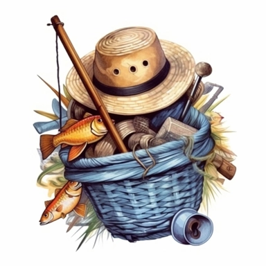 fishing basket And Hat Sublimation Clipart,Cartoon,hyper realistic, intricate detail, illustration style,high solution,on the white background