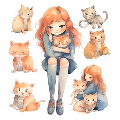 multiple poses characters of a girl hug her cat , watercolor in cartoon grunge style clipart on white background