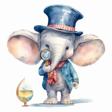 Create a dynamic watercolor clipart image with a white background, portraying a determined and cute cartoon elephant detective with a magnifying glass,