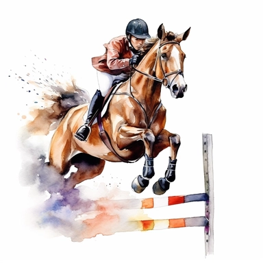 Takes horse jump lessons, highly detailed, watercolor, clipart, illustration, white background, digital painting, paper crafting, no signature, no text