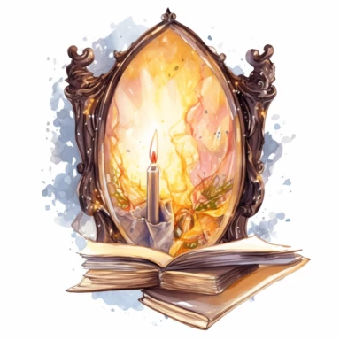 a fairytale magic oval mirror coming out of an open book with light brown crumpled pages, in the style of a high detail watercolor clipart on white background