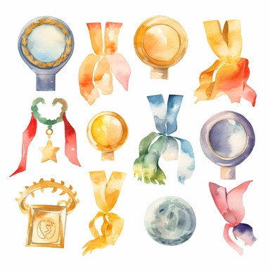 watercolor illustration of Academic medals, school clipart, studenti life style, clipart, watercolor clipart, watercolor splashes, illustration, artsy, white background
