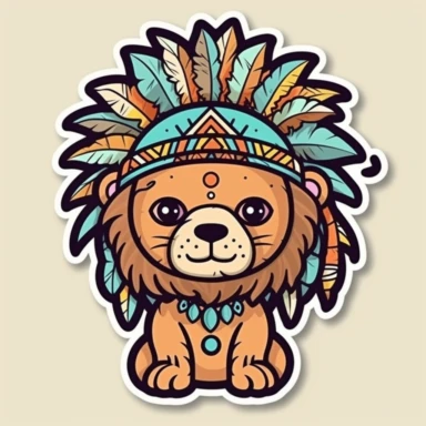cute lion indian chief, sticker, kawaii style, vector clipart, black outline