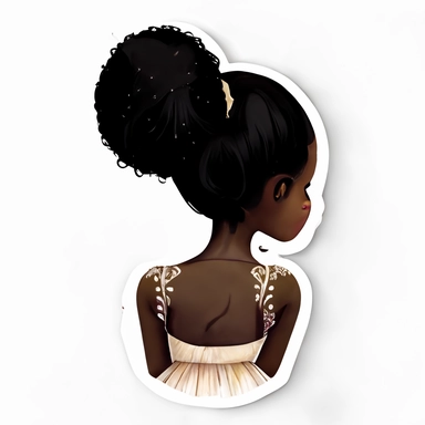 pretty black girl ballet dancer realistic cartoon style clipart sticker view from the back