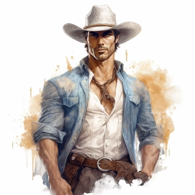 beautiful stunning handsome vintage cowboy man, tarot style, paint art style, clipart, white background, superrealistic, one of a kind
