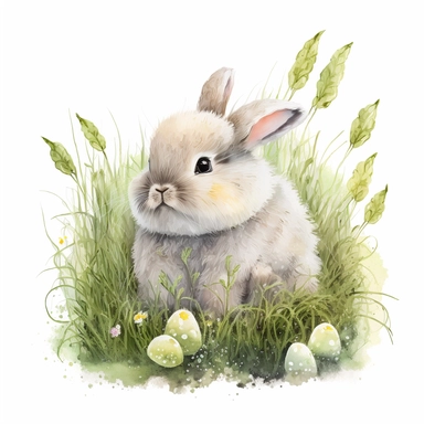 super cute fluffy bunny, watercolor illustration, Easter eggs, grass, clipart