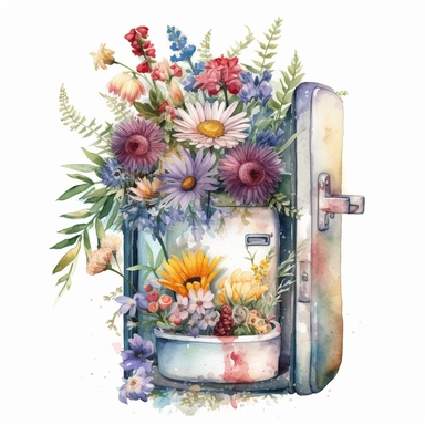 Cute Adorable magical wildflower bouquet in an old open fridge, nebular mix background, clipart, photorealistic illustration, watercolor, high detail, 8k polished, 8k, vibrant colors, white background