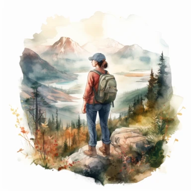 COZY semi-realistic scene of a female hiker , include a wide landscape, extreme wide angle view, transparent background, watercolour clipart illustration style, dreamy, intricate, illustration, detailed , 8k, png, clipart style, deep colours