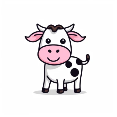 A simplistic SVG-style clipart of a charming cartoon cow front pose. The cow features a minimalistic design with its characteristic black and white spots and a dash of pink for its mouth. This adorable cow, with its large, bright eyes, and a small pair of horns, is designed using bold outlines and flat colors, emulating the simplicity of MS Paint creations. The design exudes innocence and playfulness, making it a perfect, uncomplicated representation of a cute cartoon cow.