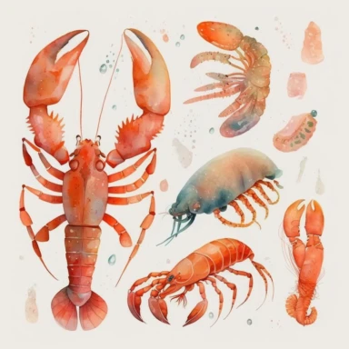 watercolor clipart of a lobster clipart , cute cartoon marine animals, watercolor, watercolor paper texture, no background. clear simple shapes. isolated clipart. Adorable. High quality.