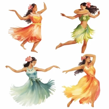4 watercolor hawaiian hula dancer and flowers clipart, white background, spaced out, hd--v 5.1