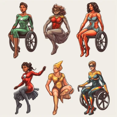 6 clipart elements, series of very hyperdetailed colorful stickers, beautiful superhero women with disabilities using aids, marvel style, superheros, each sticker with a clear white outline between each element, light grey background, realistic
