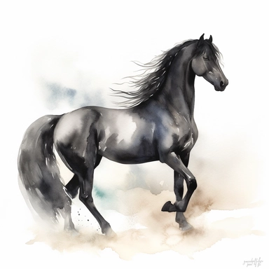 A clipart that shows a majestic black horse in a graceful pose on a white background. The horse's body is elegantly curved to emphasize its beauty and grace. It may be standing on a slight hill or in an idyllic landscape. The water colors give the clipart a soft and flowing look. The colors can be soft and pastel to create a calm atmosphere. Use different shades of blue for the background to create a natural water or sky look. The contours of the horse are subtle and well defined to clearly show