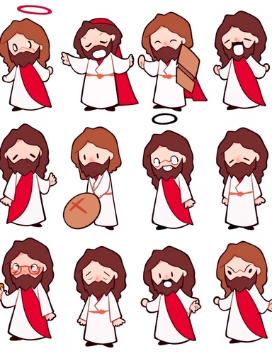 , Emoji, Animated jesus clipart image, in the style of white and red, caricature-like figures, bold, cartoonish lines, emoticons Happy, Laughing, Shy, Surprised, Angry, Unbelievable, Pretend to be cute, Curiosity and more surrounded, illustration style, bold line style,Variations by ,multiple poss and expressions, group f/64