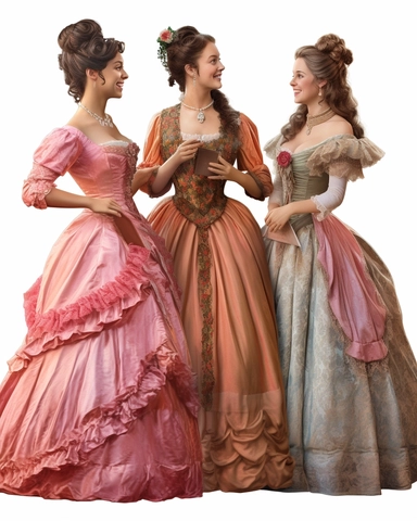 detailed happy beautiful lady , dressed in a pink victorian vintage dress talking to other happy ladies, hyper realistic, 8k, isolated on white backgorund, clipart