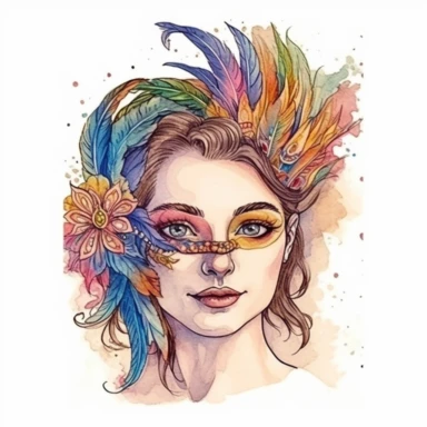 mardi gras, cute girl wearring carnival mask, kaluta art style, pen and ink watercolor clipart,isolated on white background