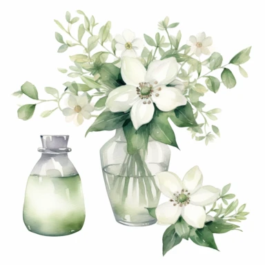 Set of watercolour night jasmin flower clipart in a flower-vase white background