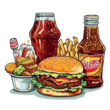 Visualize an attractive, hand-drawn clipart of the ultimate comfort food combination: a cola, a hamburger, and chips. The cola is presented in a classic, chilled bottle, with bubbles subtly rising to the top. A tempting hamburger with all the trimmings - lettuce, cheese, and a succulent meat patty - stands next to it. A serving of golden, crispy chips completes the mouthwatering scene. The items are carefully rendered against a pure white background, emphasizing the quality and attractiveness of