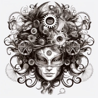 A steampunk-inspired masquerade ball, where attendees wear elaborate masks adorned with gears and clockwork designs ,Steampunk, black and white color obly, black ink, transparent background png, clipart no captions