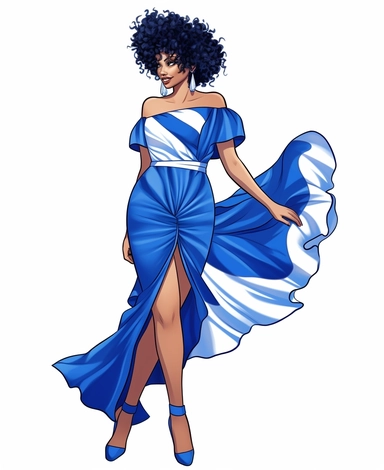 vector clipart, cartoon beautiful black woman wearing fashion nova clothing in royal blue and white, short cut curly hair, wearing a trendy outfit, clear and crisp, plus size, gorgeous face, full body, heels, detailed, white background, happy, digital illustration, character drawn in thick smooth black lines, procreate